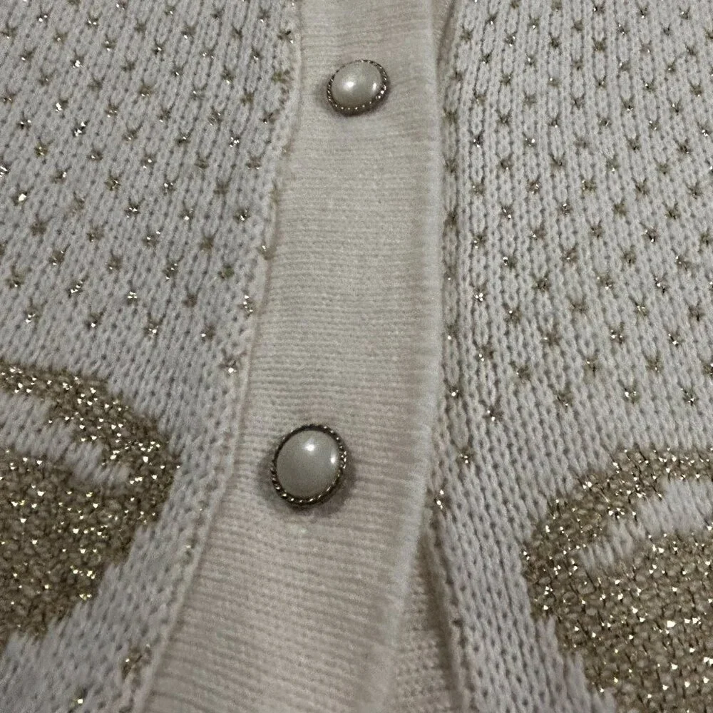 Vintage Cream Metallic Long Sleeve Cardigan Sweater Gold Bow Holiday Pearl - Picture 11 of 15